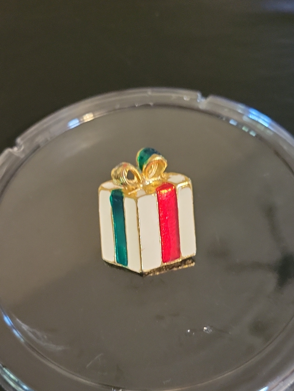 Gold-Tone White Enamel Gift Box Pin with Red and Green Accents